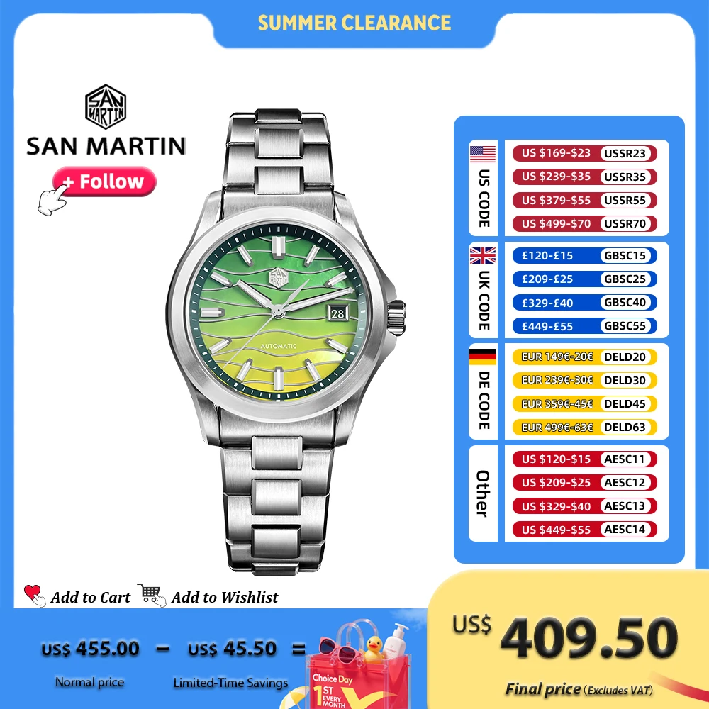 San Martin Jam Tangan Pria Mewah 39Mm Miyota 9015 Jam Tangan Mekanis Otomatis Dial Mop Sambungan 100M Hadiah Pasangan Tahan Air SN0150