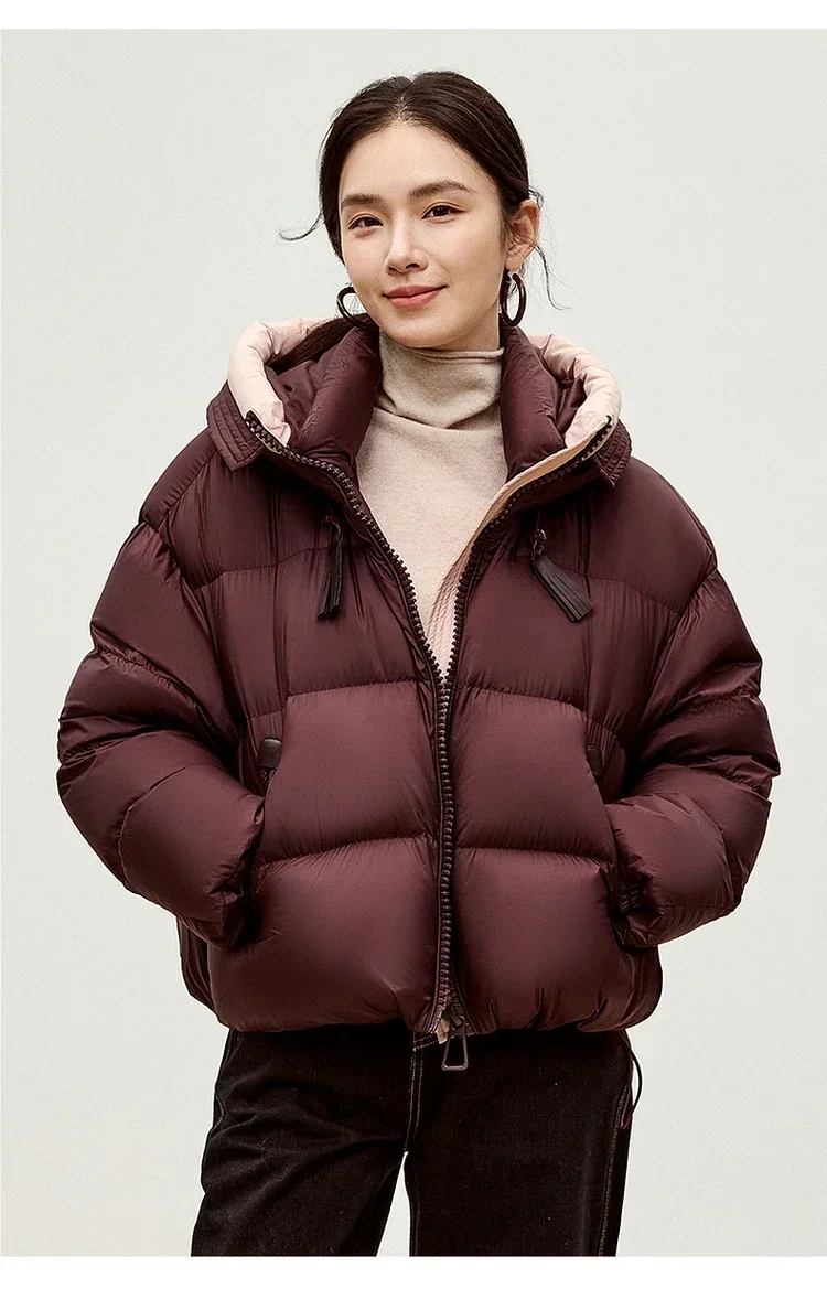 SENTUBILA Hooded Short Down Jacket Women 2024 Winter 90% White Duck Down Short Coats Woman Stand Neck Zipper Outerwear W44Y56085