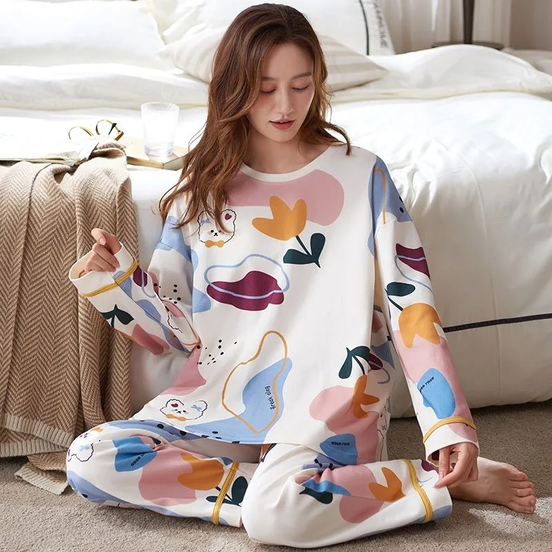 2023 New Cotton Pajamas Women Spring Autumn Long-sleeved Net Celebrity Style Cute Winter Cotton Outerwear Loungewear