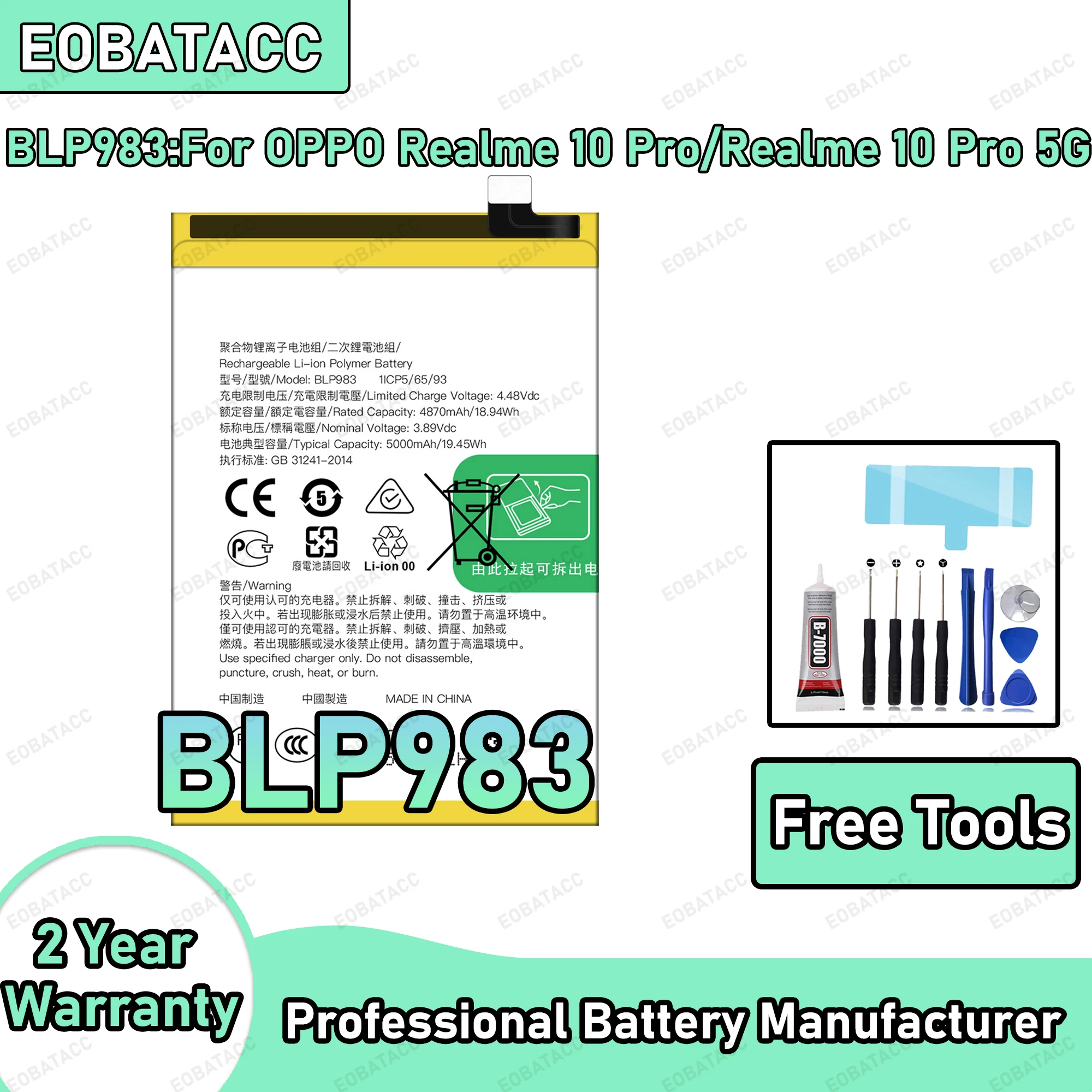 

5000mAh 100% New BLP983 Battery For OPPO Realme 10 Pro/Realme 10 Pro 5G Replacement Bateria+Free Tools