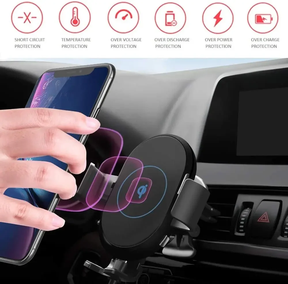 10W Qi Wireless Car Charger Smart Induction Auto Clamp Fast Charging Vent Phone Holder for iPhone 15 14 13 Samsung Smartphones