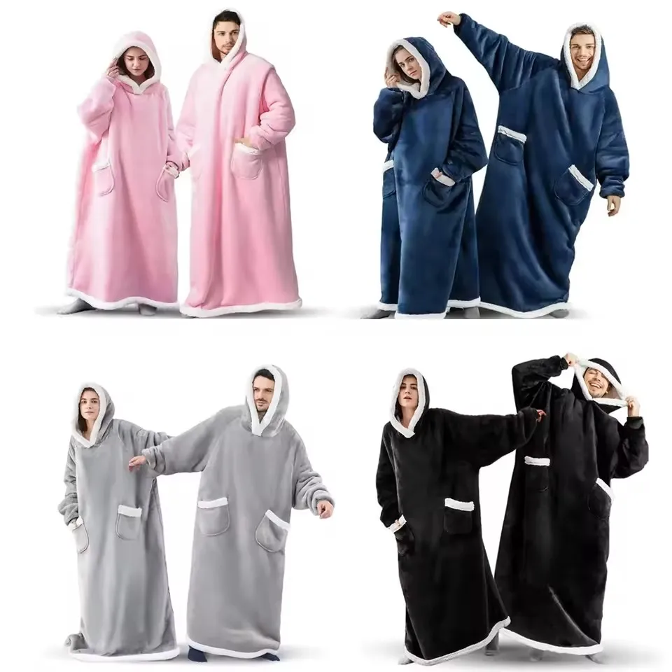 ​180cm Super Long Flannel Blanket Pyjamas with Sleeves Winter Hoodies Sweatshirt Women Men Pullover Fleece Giant Oversized Outd