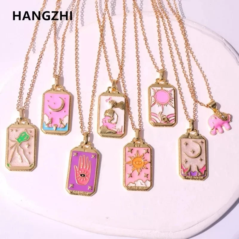 Pink Dripping Oil Punk Tarot Sun God Star Moon Hand Flame Elephant Girl Enamel Square Necklace for Women Gifts HangZhi2022 New