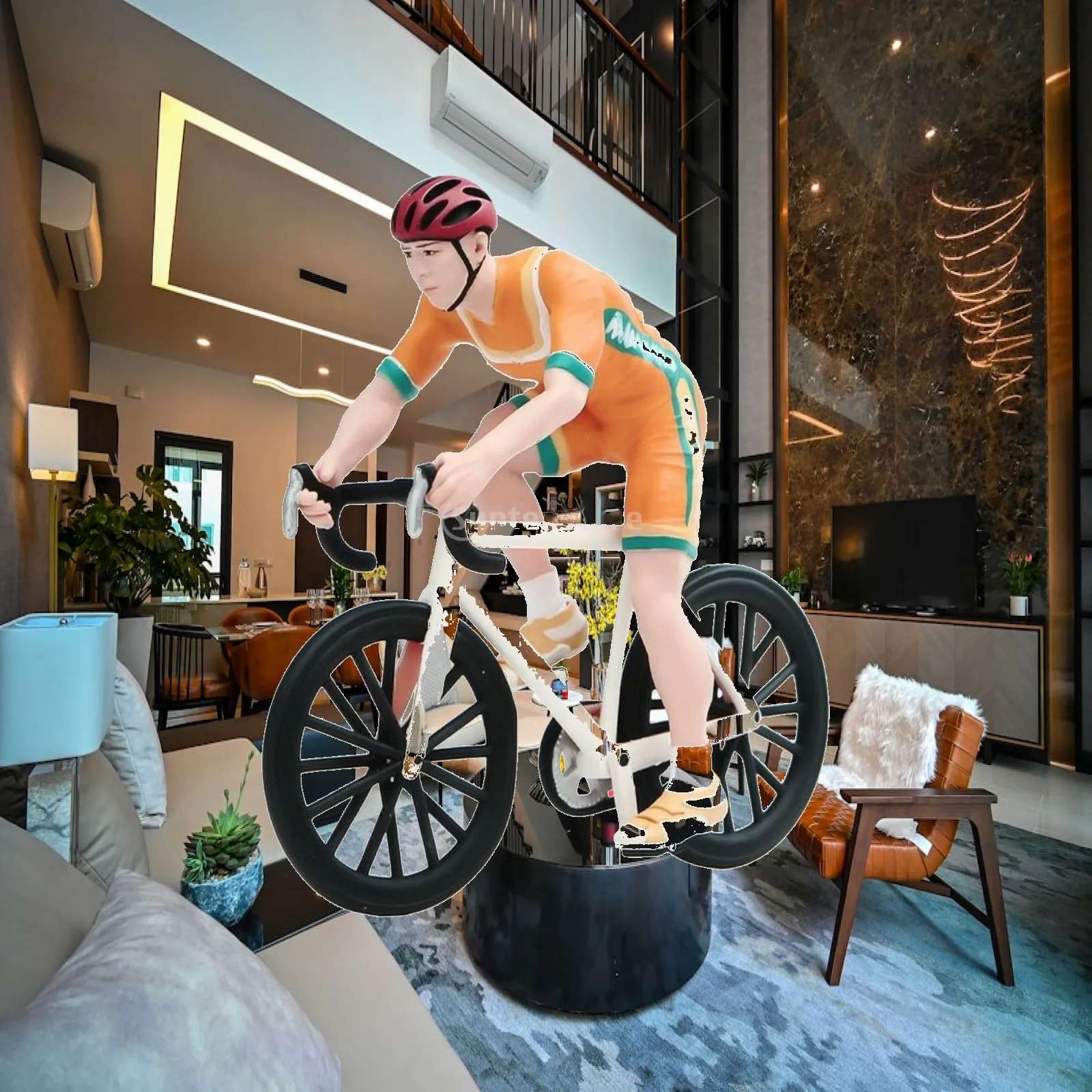 Detailed Cyclist Figurine Miniature Road Bike Model Orange Green Outfit for Shelf Art Display