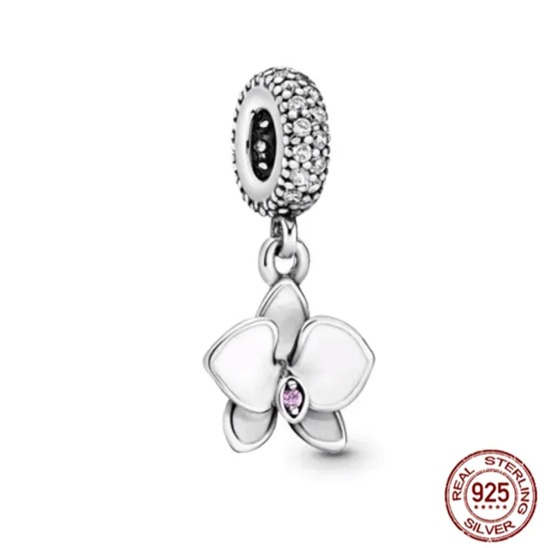 White Red Orchid Dangle Charm Authentic 925 Sterling Silver Bead For Women Fit Original Bracelet Necklace Jewelry Gift