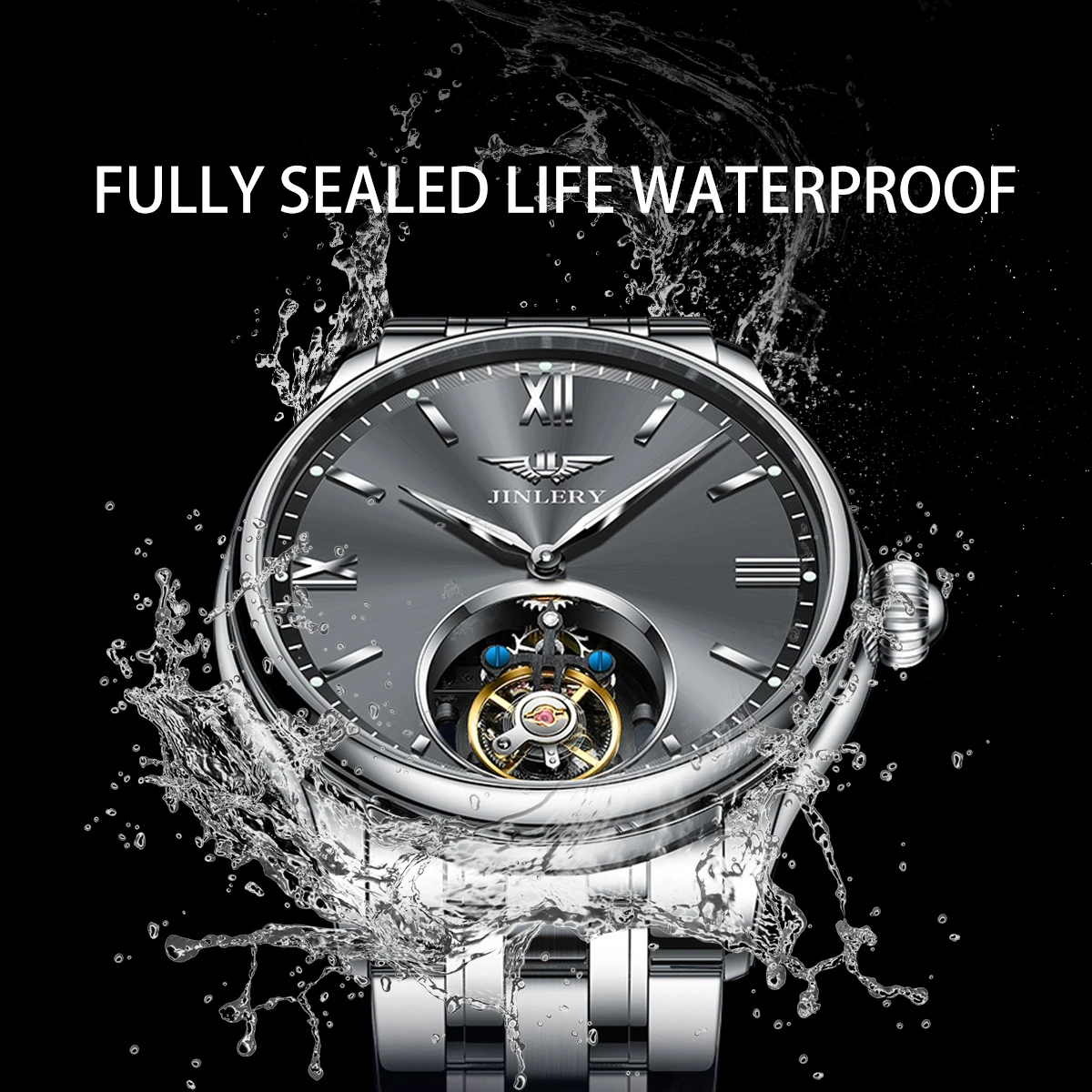 Men Tourbillon Watch Automatic Creative Stainless Steel Fashion Mechanical Wristwatch Luxury Waterproof Clock Relogio Masculino