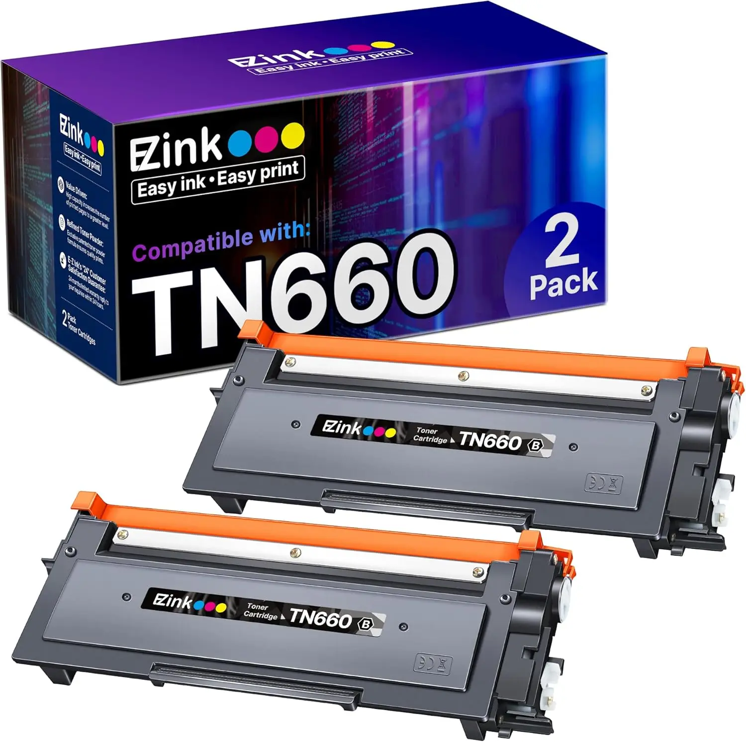 

2 Pack High Yield Black Toner Cartridge for Brother Printers, 2600 Pages Each, TN660 Compatible