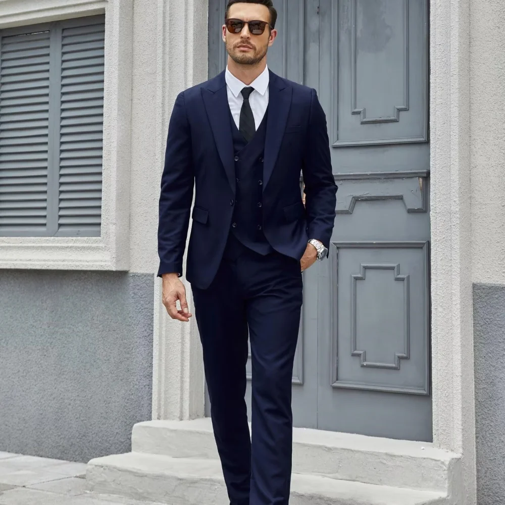 

Chic Blue Men's Terno Set with 3-Piece Jacket Pants Vest Notch Lapel Slim Fit Blazer High Quality for Formal Occasions