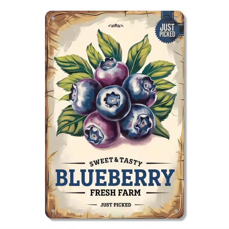 Vintage Blueberry Just Picked Metal Tin Sign - Sweet Tasty Farm Design, Iron Material Retro Wall Art for Kitchen, Cafe, Farmhous