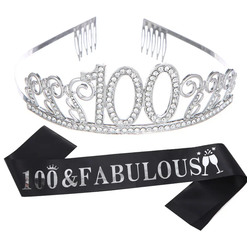 100 and Fabulous Tiara and Sash Set for Women Lady Happy 100th Birthday Party Decoration Supplies Favor Gift-Black White Gold