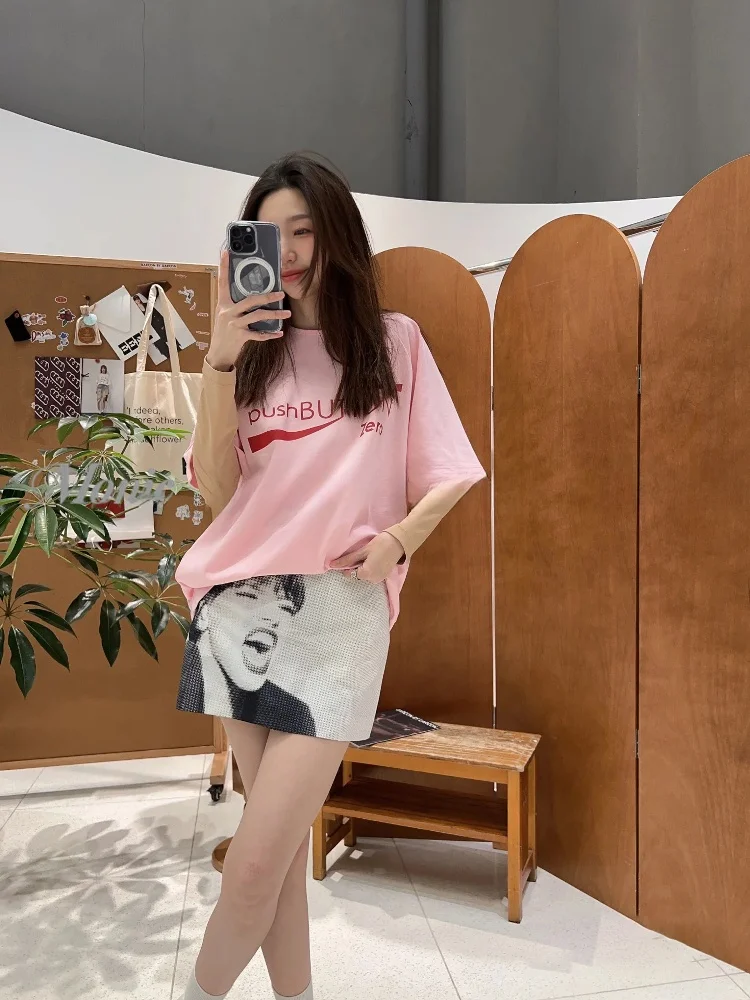 

PusB Summer Casual Sle Hollow out Ba Button ort Sve T-irt Pink Print Letter Design Loose Fit Cotton round Ne