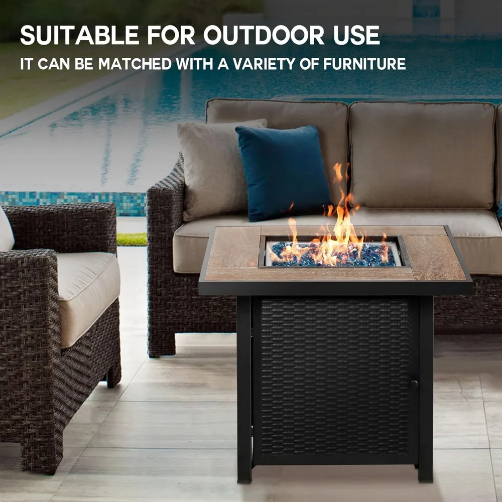 Propane Gas Fire Pit Table, 30 inch 50,000 BTU Square Gas Firepits with Fire Glass for Outside