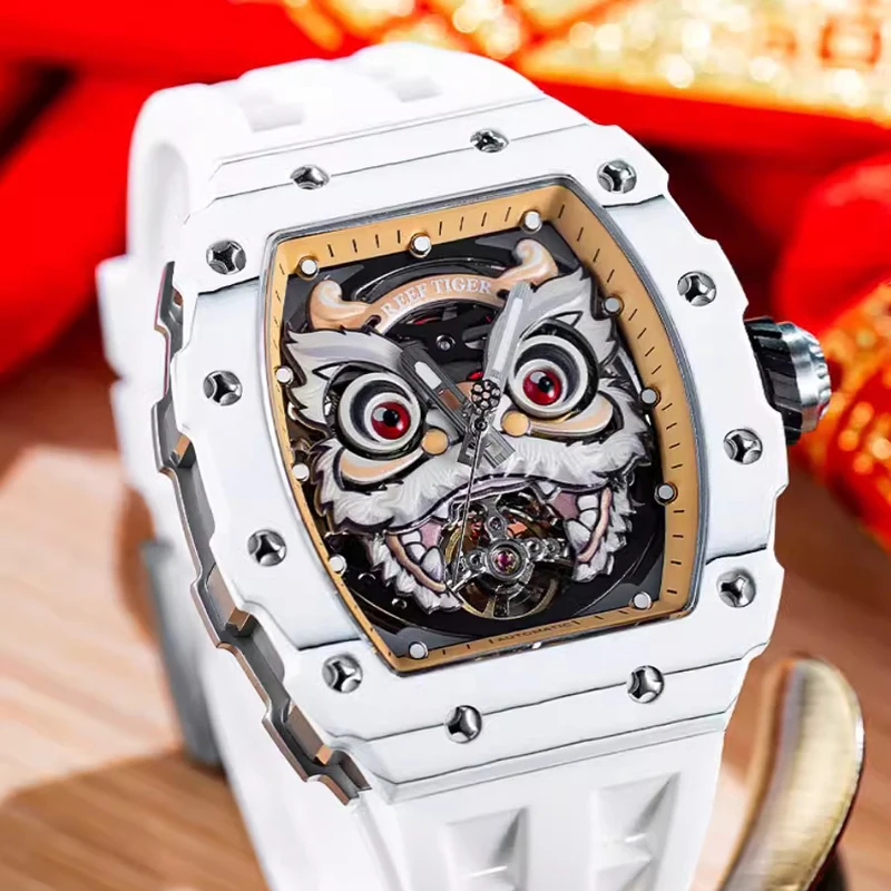 REEF TIGER Fashion Luxury Lion Dance Automatic Mechanical Watch for Men White Silicone Strap Super Lumious Waterproof Watches