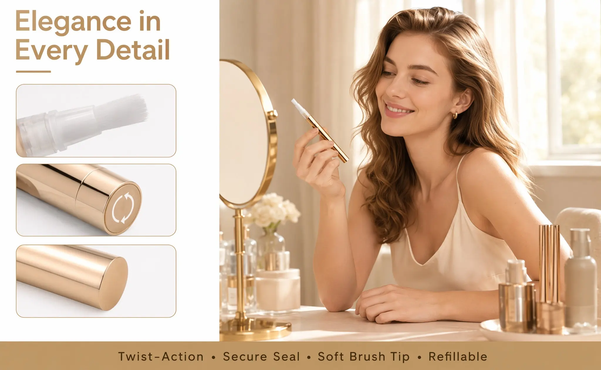 5Pcs Bright Gold Nail Polish Empty Pen Applicators Portable Twist Lip Gloss Tube Liquid Foundation Bottle Dispenser