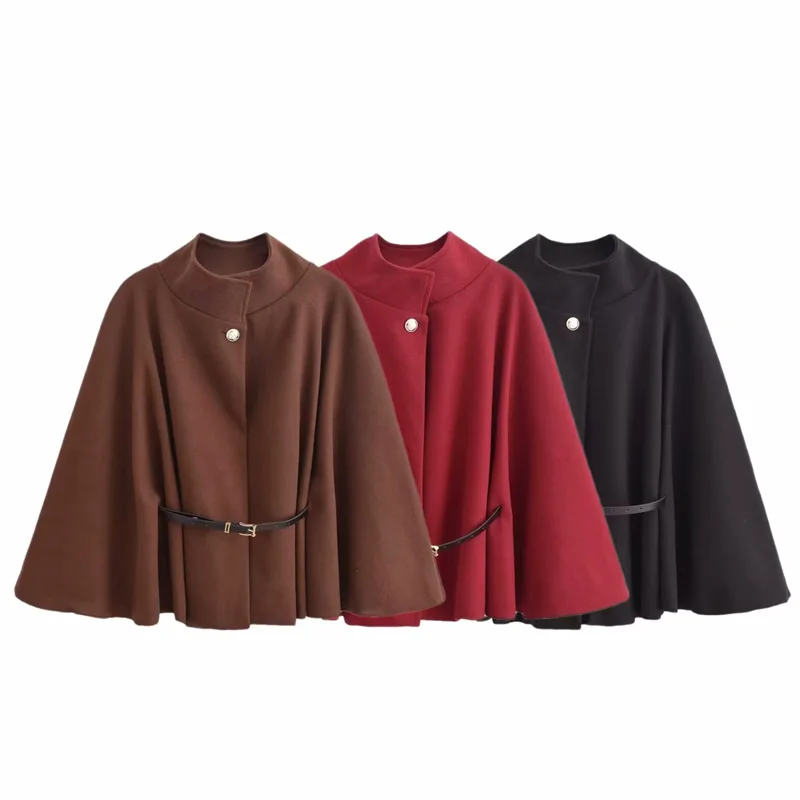 HXAO 2025 Women\'s Jacket Cloak Tweed Jacket Women Wool & Blends Coats Bat Long Sleeve Coats Burgundy Brown Black Cape Outerwears