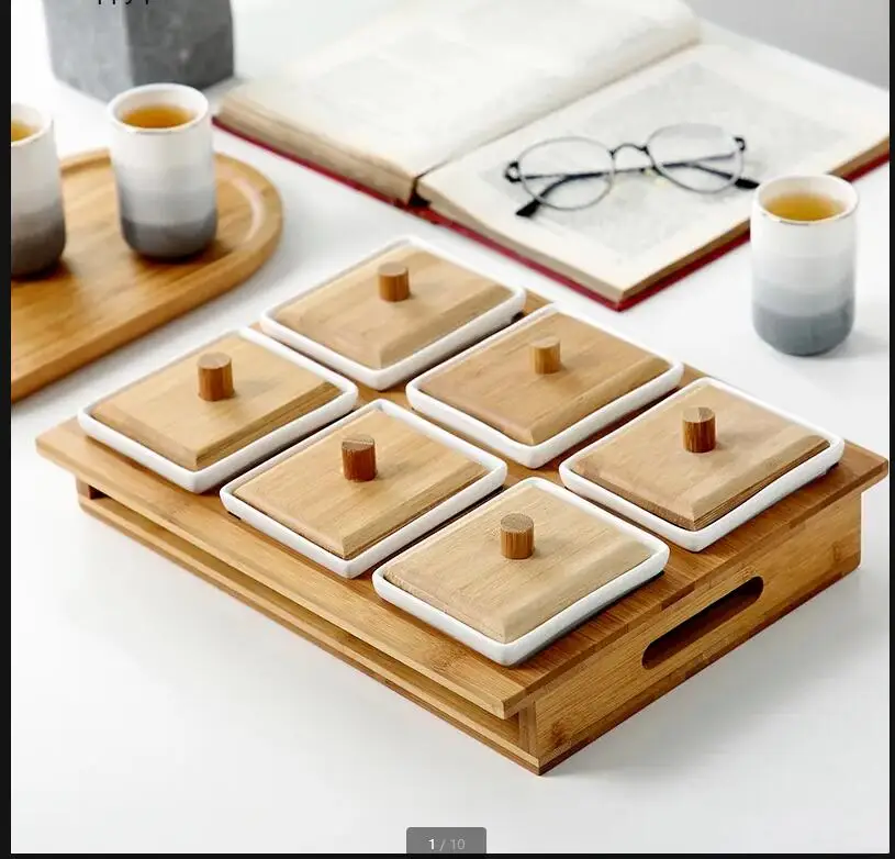 White Ceramic Snack Plate Snacks Platter Wood Cover Glass Pallets  Dried Fruit Set Bowl Candy Tray