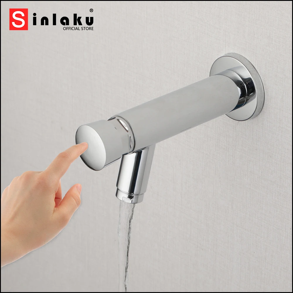 SINLAKU Bathroom Basin Faucet Chrome Polished Push Plated Self Closing Water Saving Delay Torneira Sink Only Cold Water Tap