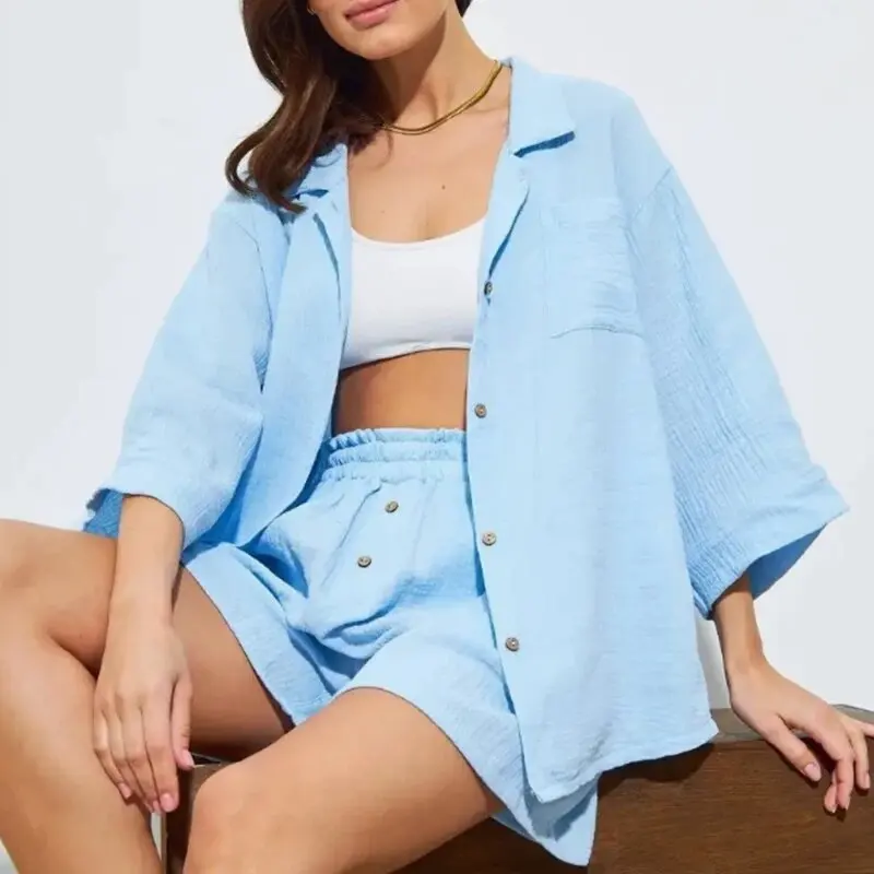 Women's Casual 2 Piece Set Long Sleeve Pants Pajama set Shirt High Waisted Shorts Wrinkled Fabric New European American Style
