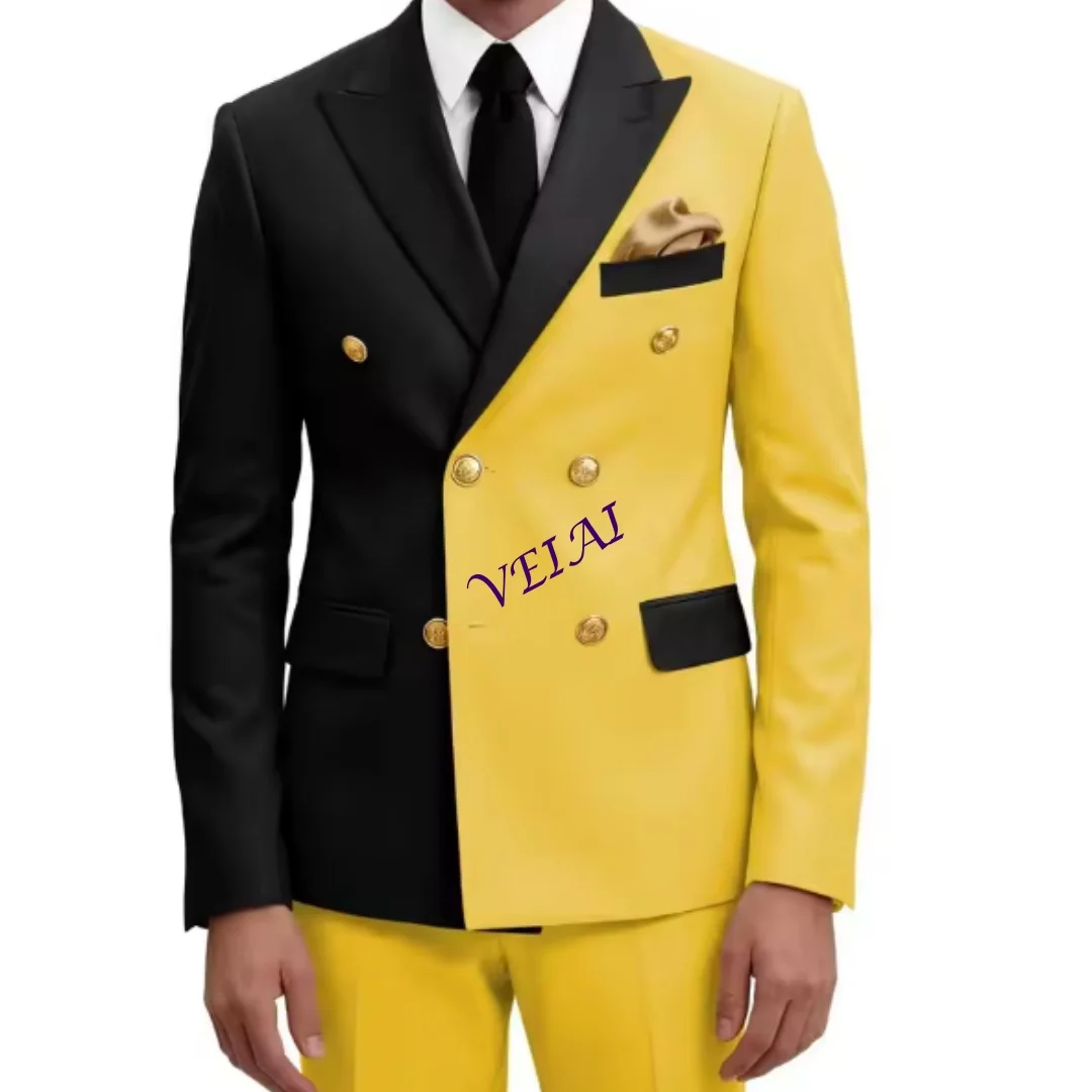 Customized Double Breasted Slim Fit Men's Suit Gold Buttons Wedding Homecoming Prom Blazer Pants Outfit