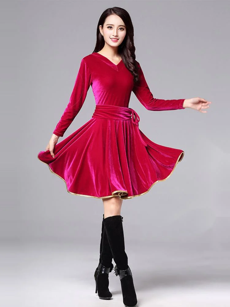 Solid Color Latin Dance Practice Ballroom Dress Belly Costume Jazz Long Sleeves Competition Sports Classical Bandage Vestidos