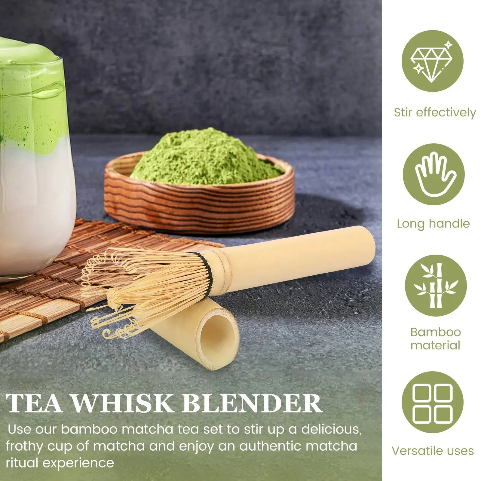Batidor Matcha flaco japonés Chasen, mango largo, utensilio Matcha tradicional, batidor de polvo verde Matcha, cepillo de bambú Natural