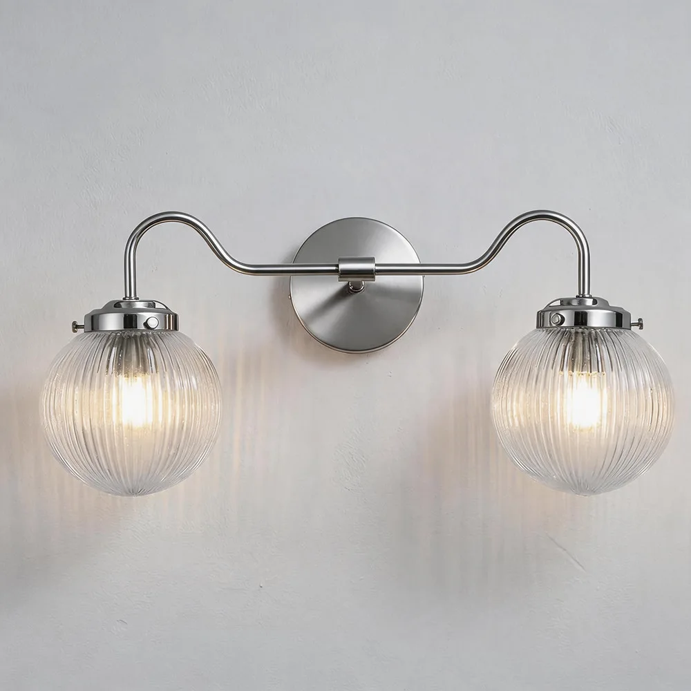 Retro Double-headed Striped Ball Glass Wall Lamp Bedroom Bedside Bathroom Cabinet Mirror Headlight Simple Background Wall Lamp