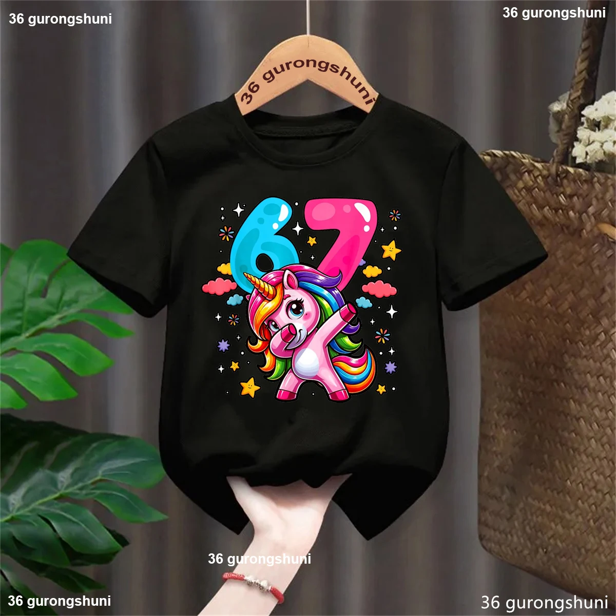 Фото 2026 Радужный Единорог 67 футболка с принтом мема для девочек/мальчиков забавная детская одежда Kawaii белая/черная/розовая/синяя/серая футболка топы