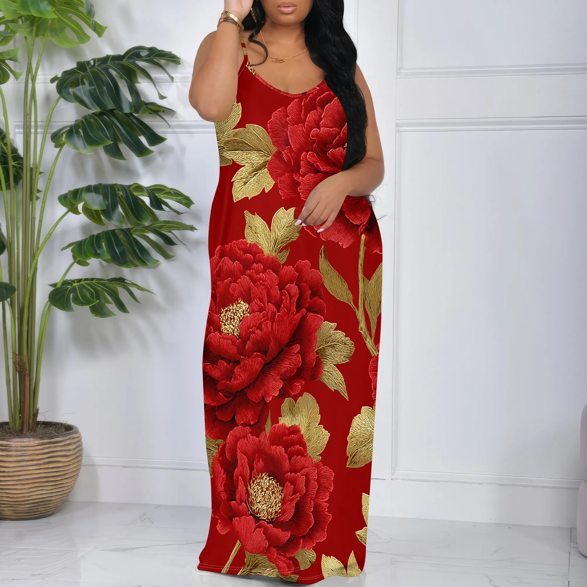

Red Peony Floral Maxi Dress S-3XL Spaghetti Strap Sleeveless Style for Lunar New Year, Cultural Event or Elegant Dinner Look