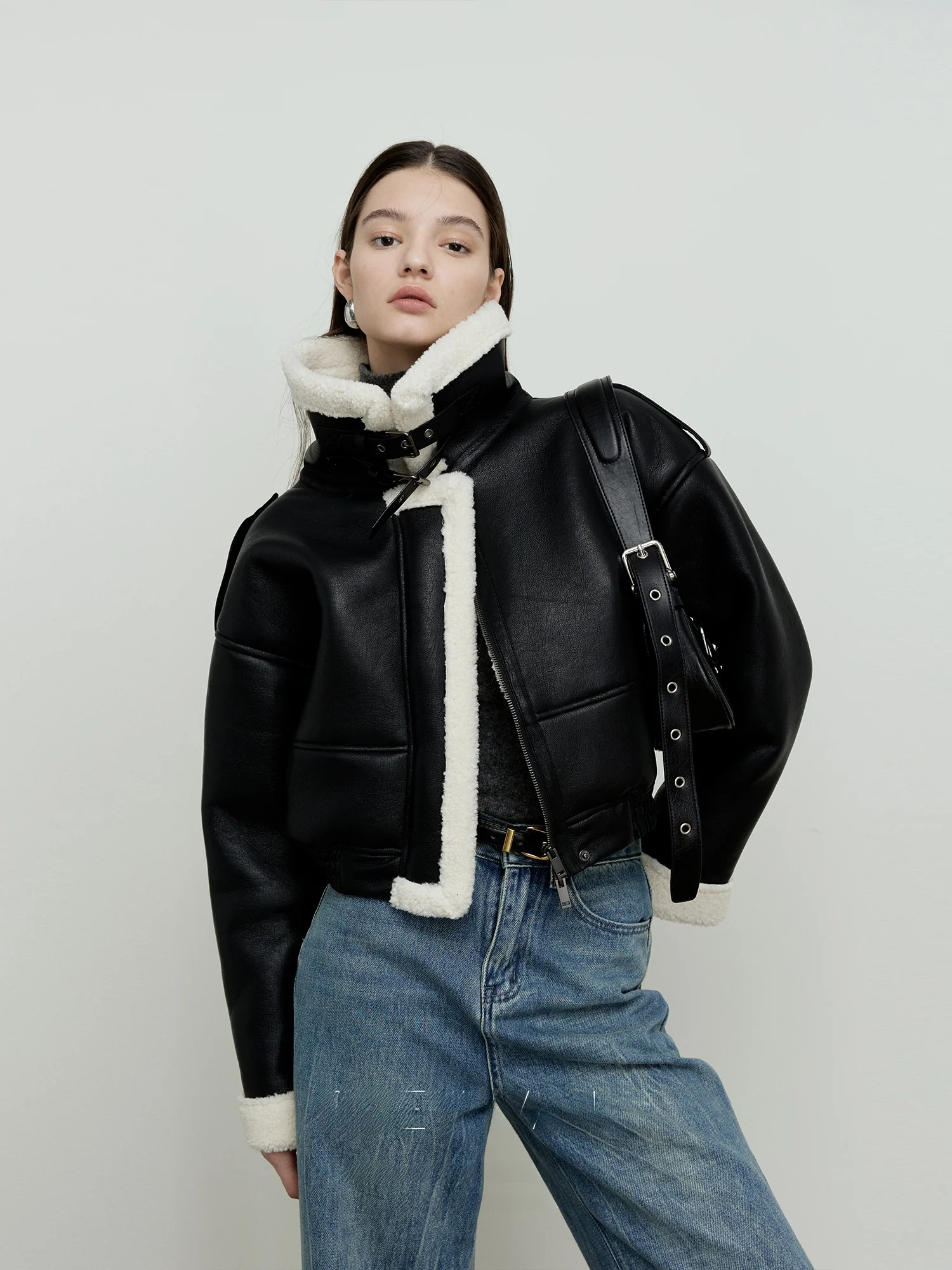 Roeywang pele de cordeiro ort biker jaet casaco de couro acolchoado de calor feminino mistura de lã de poliéster longo fecho de zíper sve