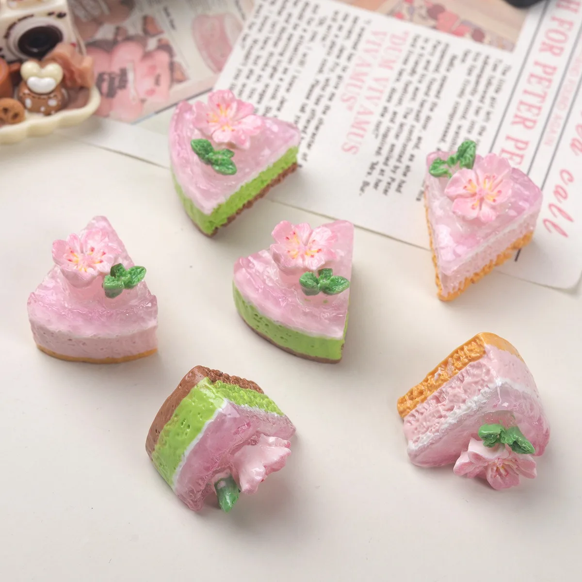 6PCS Mixed 3D Cherry Blossom Cream Cake Resin Charms Spring Green Pink Flatback DIY Hair Clip Phone Case Craft