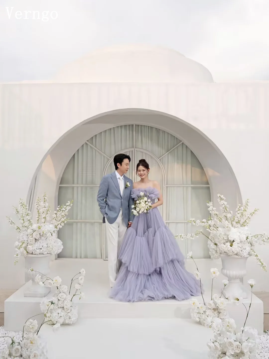 فستان زفاف Verngo رمادي أرجواني تول بدون حمالات على شكل حرف A فساتين زفاف ماكسي كورية ملونة مطوي فستان عروس مخصص