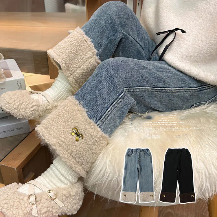 Children Girls Winter Thicken Jeans Plus Velvet Spliced Bow Kid Girls Straight Trousers Soft Warm Toddler Baby Girls Denim Pants