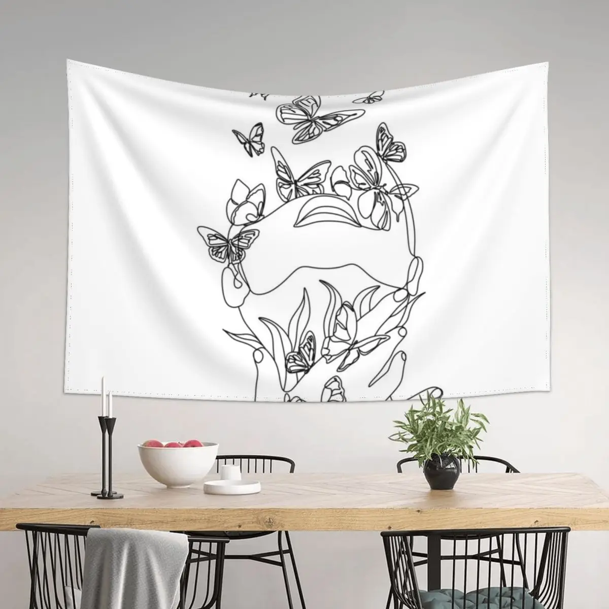 

Abstract face with butterfly by one line drawing. Portrait minimalistic style. Botanical print. Nature symbol of cosmet Tapestry