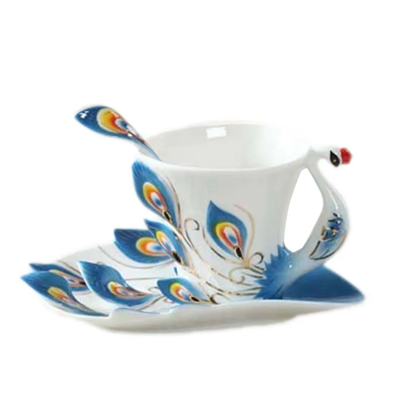 Enamel Porcelain Tea Set, Peacock Coffee Set, Chinese Elegant Ceramic Cup, Creative Personalized Gifts