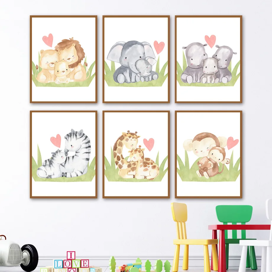 

Animal Family Lion Elephant Zebra Giraffe Nursery Wall Art Mural Canvas Painting Poster Print Pictures Baby Kids Room Home Decor