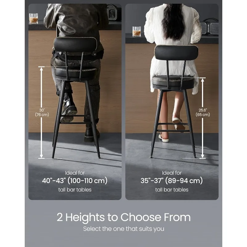 VASAGLE EKHO Collection - Bar Stools Set of 2, Bar Height Swivel Bar Stools with Back, Synthetic Leather with Stitching, Mid-Cen