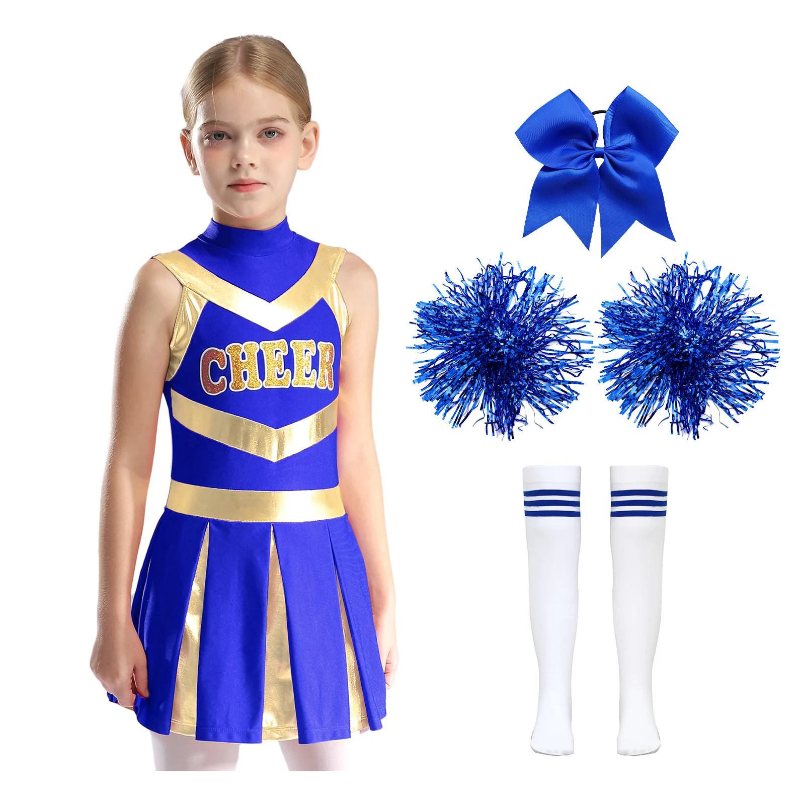 Kids Cheer Dance Outfit Girls Letter Print Pleated Dress Headwear Flower Balls Socks Cheerleader Costume Cheerleading Uniform