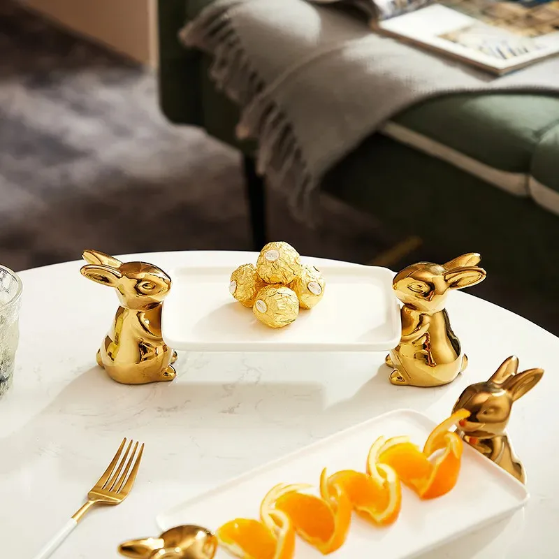 

Ceramic Dim Sum Rack Cake Tray Gold Silver Rabbit Shaped High Foot Plate Candy Bread Tasting Plate Jewelry Storage Plate ZI89