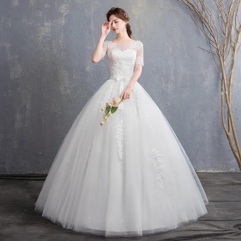 

Sonder Short Sleeves Vestidos De Novia Elegant O-neck Floor-length Wedding Dresses Classic White Wedding Brides Dress