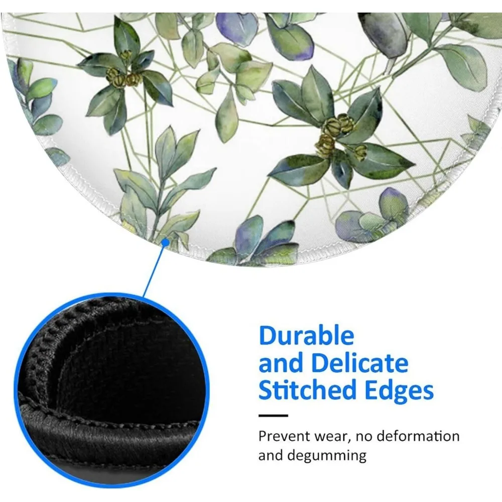 지름 8인치, 스티치 처리된 가장자리, 미끄럼 방지 고무 베이스가 있는 녹색 유칼립투스 잎 무늬 게이밍 마우스 패드
