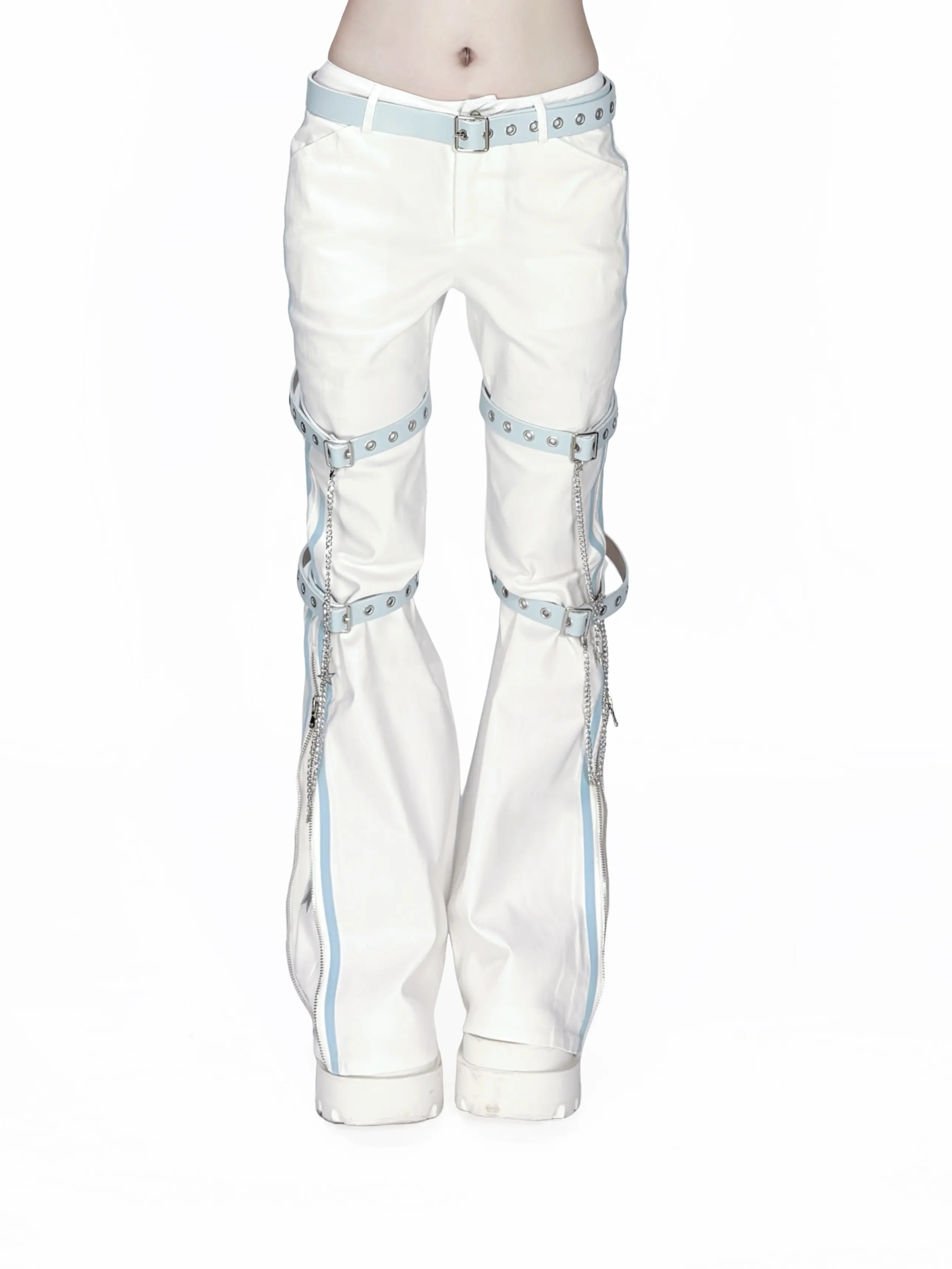 Y2K Gothic Flare Pants White Side Stripe Detachable Thigh Harness Chain Strap Zip Hem Star Embroidery Punk Bootcut Trousers view 6