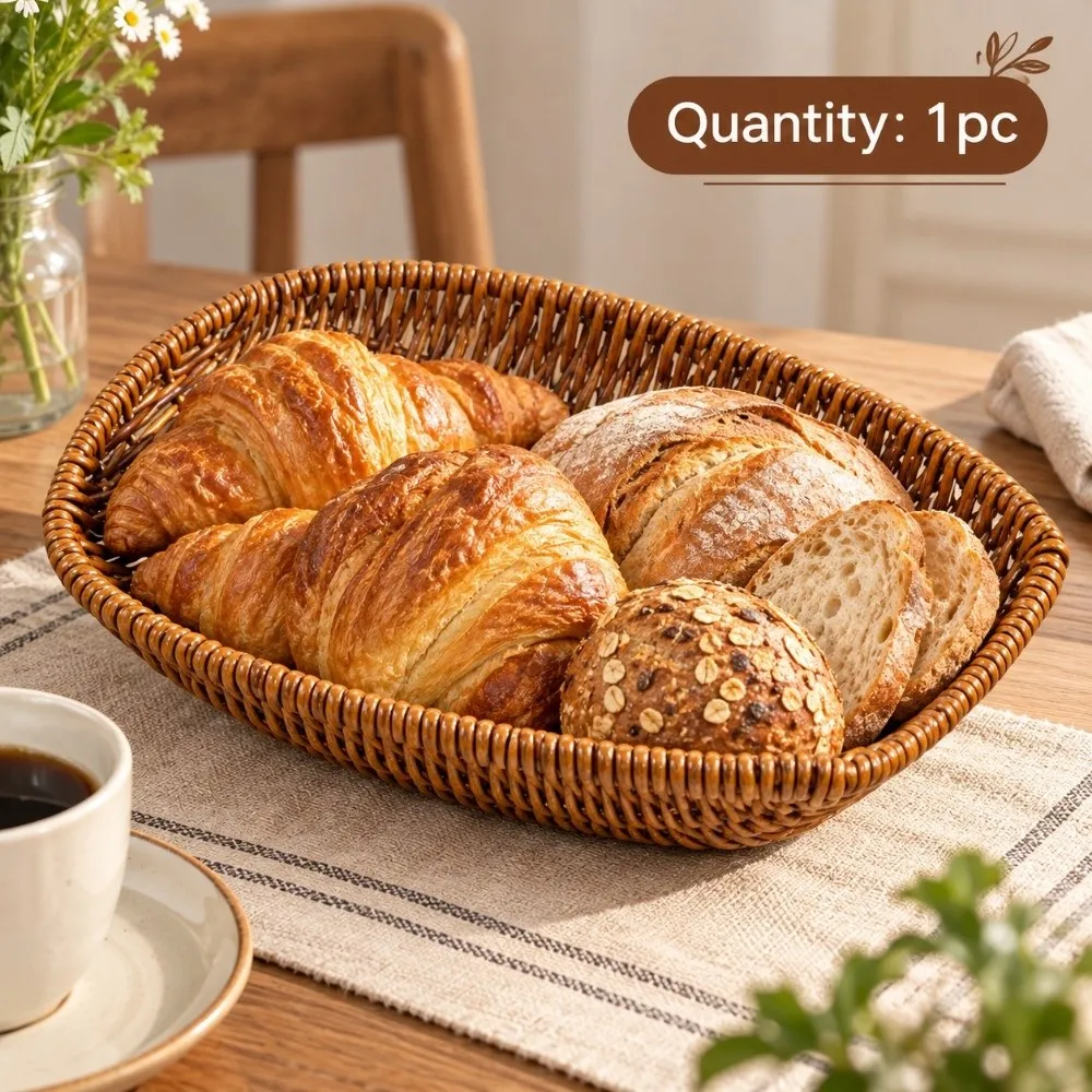 Hand-woven Small Dustpan Plastic 3 Sizes Imitation Rattan Wicker Fruit Tea Snack Bread Basket Cosmetic House Kitchen Supplies