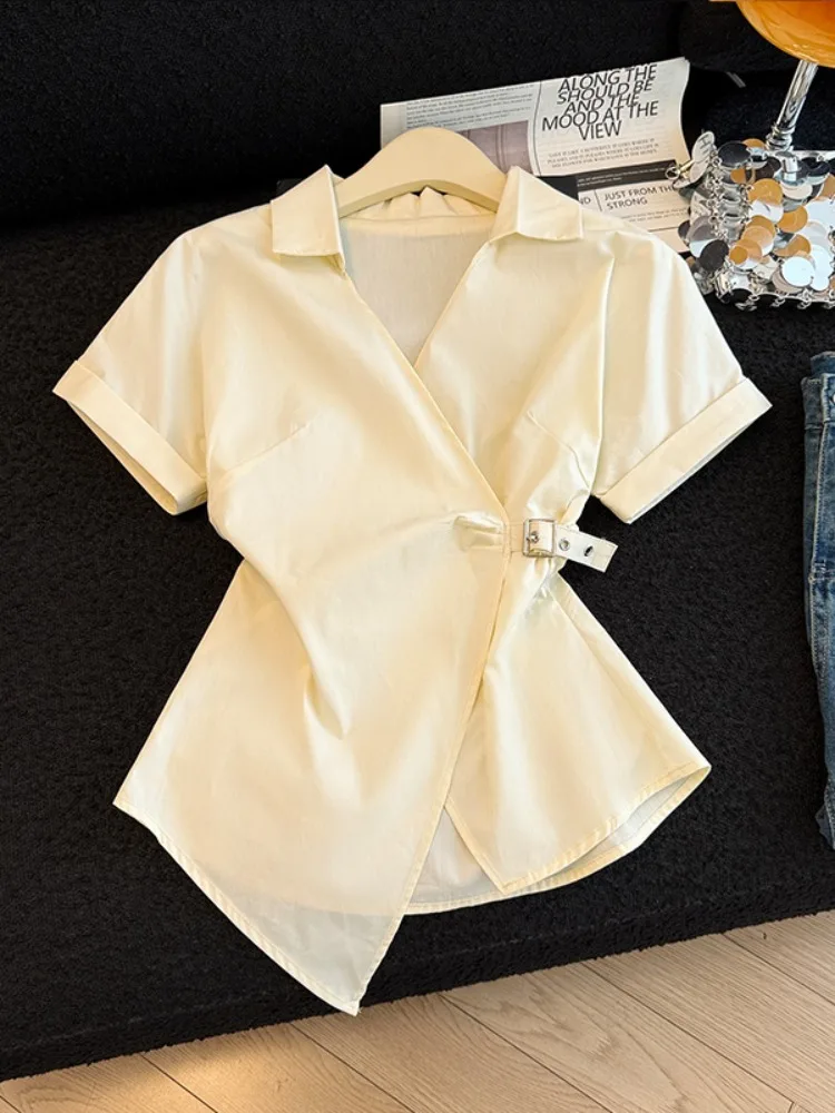 

Yellow Belted Shirt Women's Summer High Waist Asymmetric Short Sleeve Collar Thin Top Korean Style Commute Wind Straight...