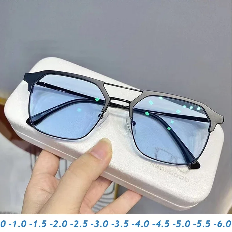 Blue Light Blocking Photochromic Minus Glasses Vintage Double Deam Myopia Sunglasses Finished Optical Short-sight Goggle Diopter