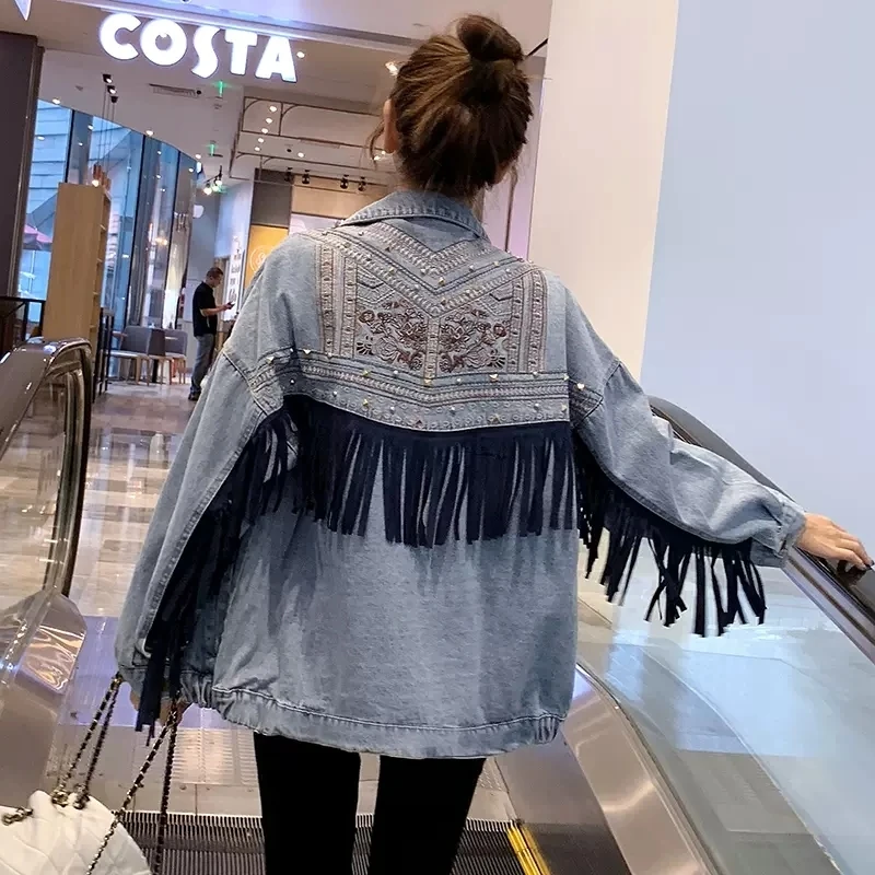 

Винтажная синяя джинсовая куртка Harajuku с цветочной вышивкой, модная Повседневная джинсовая куртка с длинными рукавами, бахромой и большими карманами
