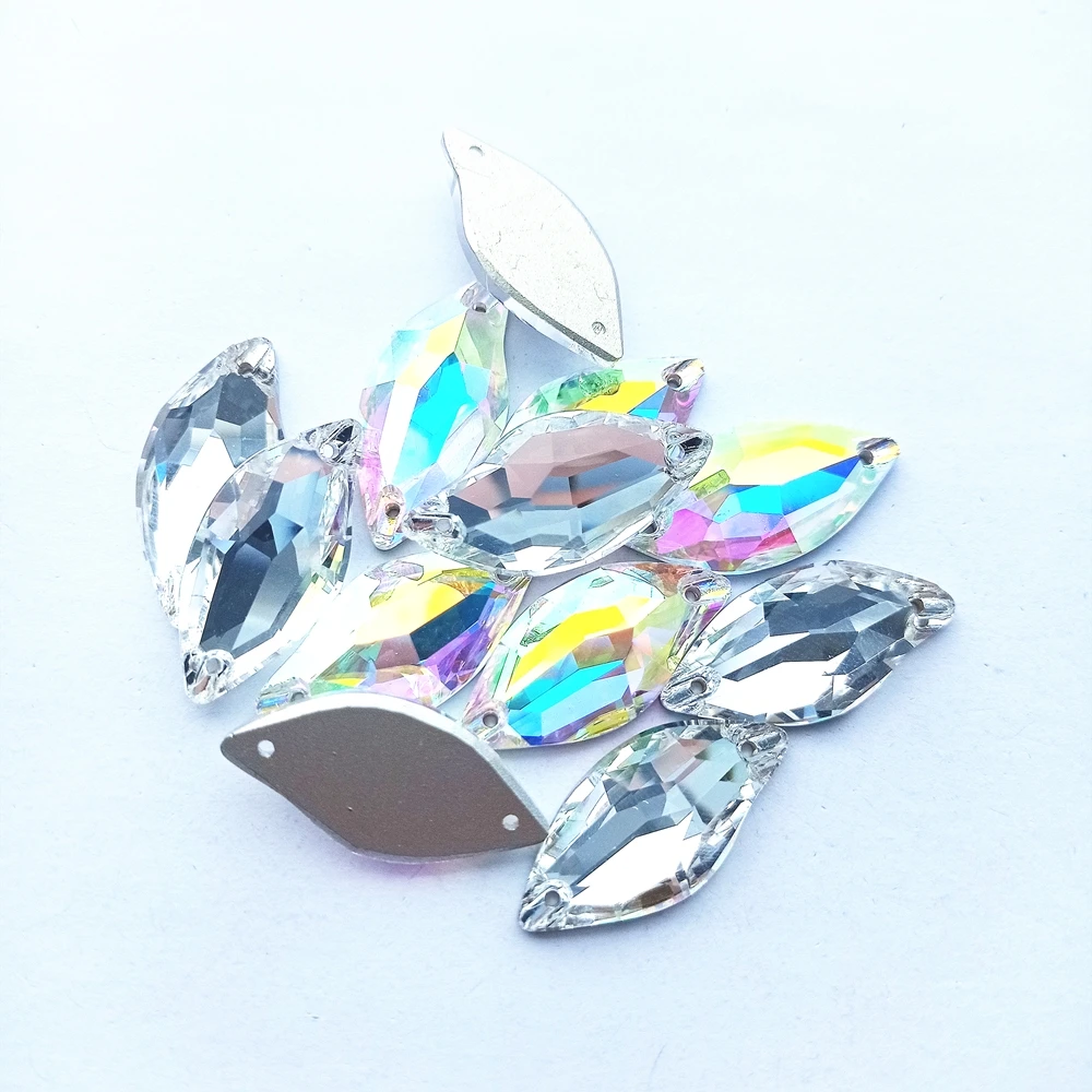 Diamond Leaf Shape High Quality Glass Sew On Stones Flat Back Glitter Crystal AB Rhinestones for Sewing Clothes Dress Decoration