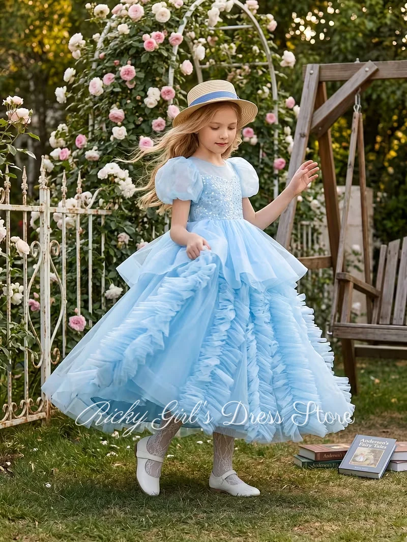Glitter Sky Blue Flower Girl Dress For Wedding Short Sleeve Bow Tulle Ruffles Kids Birthday Party Customized Princess Dress