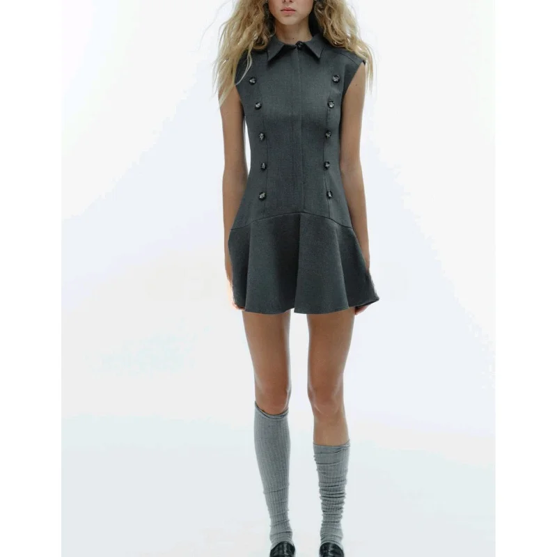 겨울 신상 여성용 오르트 스웨이드 드레스 어깨 패드 플립 커버 칼라 레이어드 장식 출퇴근용 순색 드레스