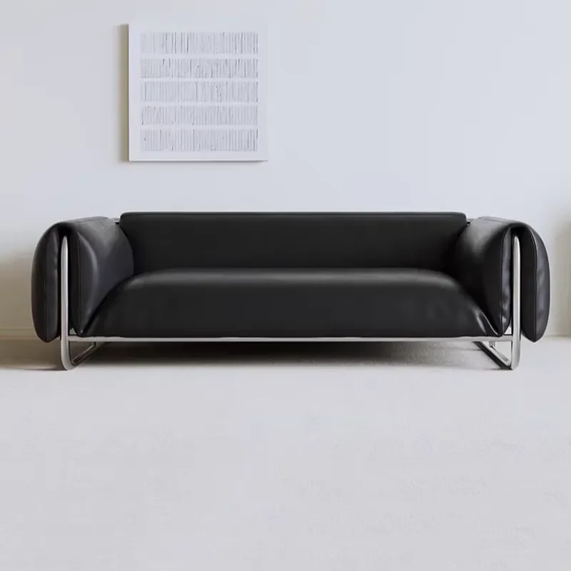 Sofa Retro Styleblack Stainless Steel Bauhaus Sofa, Antique Stylelight Three Person Leather Art Living Room Sofa