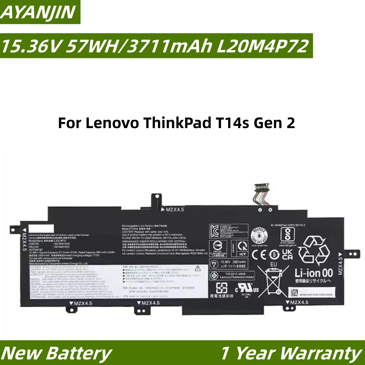 15.36V 57WH L20D4P72 L20M4P72 Laptop battery For Lenovo ThinkPad T14s Gen 2 L20L4P72 L20C4P72 SB10W51915 5B10W51814